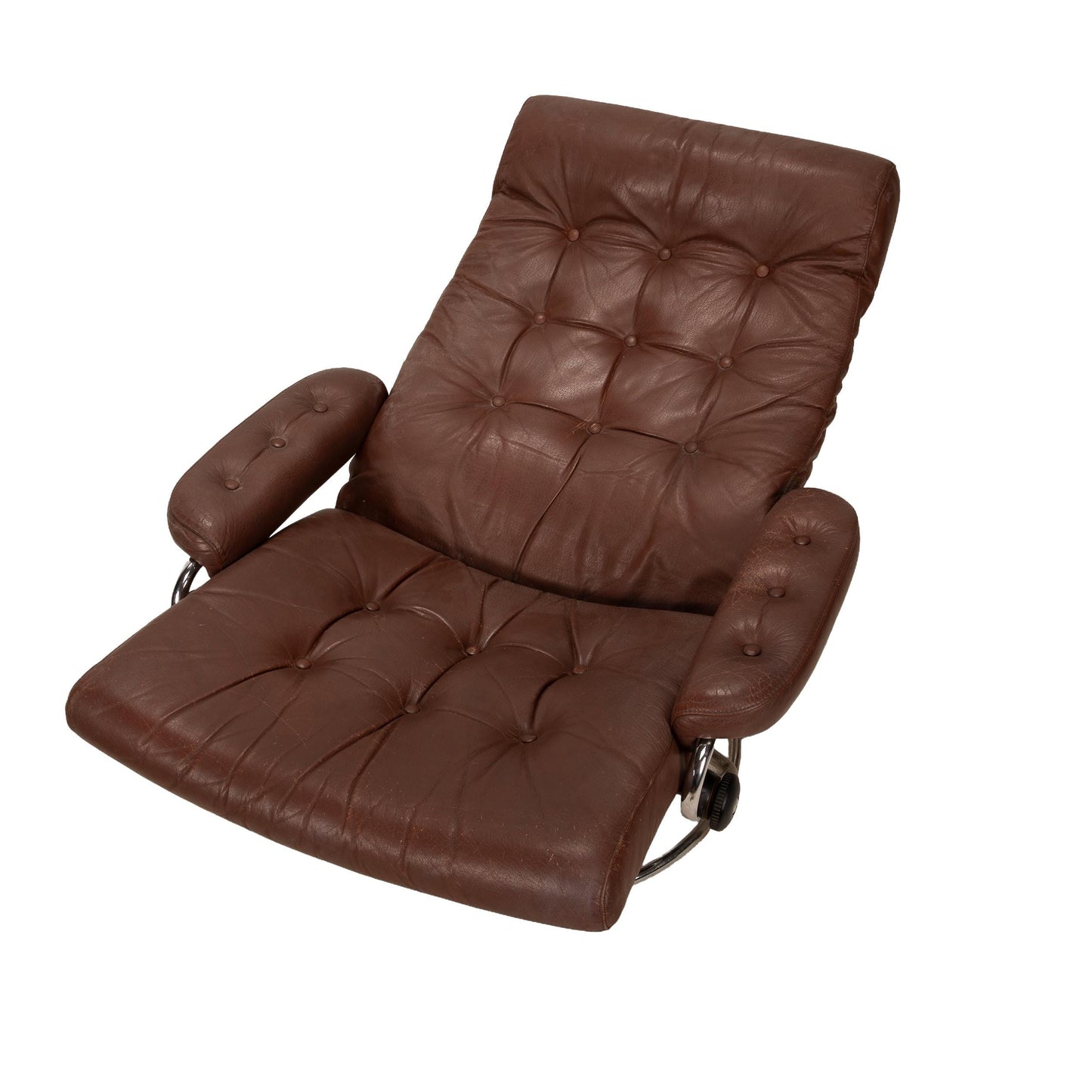 1970s Vintage Ekornes Stressless Recliner & Ottoman in Brown Leather With Chrome Retro Base