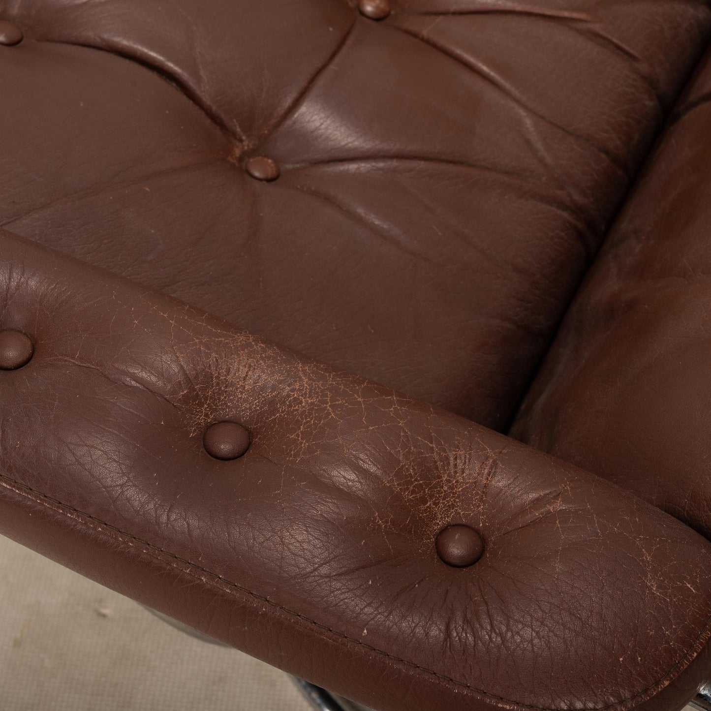 1970s Vintage Ekornes Stressless Recliner & Ottoman in Brown Leather With Chrome Retro Base