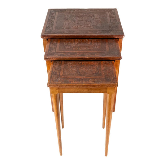 Late 20th Century Leather Wrapped Hand Tooled Peruvian Accent Nesting Tables - Set of 3