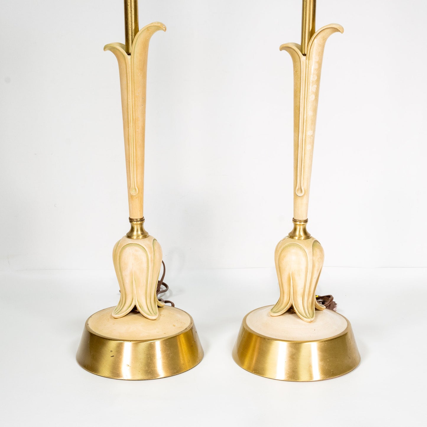 1960s Hollywood Regency Gold & Painted Brass Upside Down Tulip Lamps - A Pair , Mid Century Free Fast Shipping!