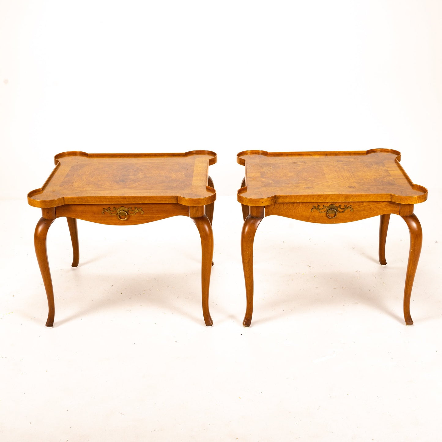 1960s Vintage Baker Furniture Cabriole Rounded Corner Side Tables - a Pair | Ornate Burled Finish | High End Nightstands MCM