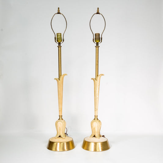 1960s Hollywood Regency Gold & Painted Brass Upside Down Tulip Lamps - A Pair , Mid Century Free Fast Shipping!