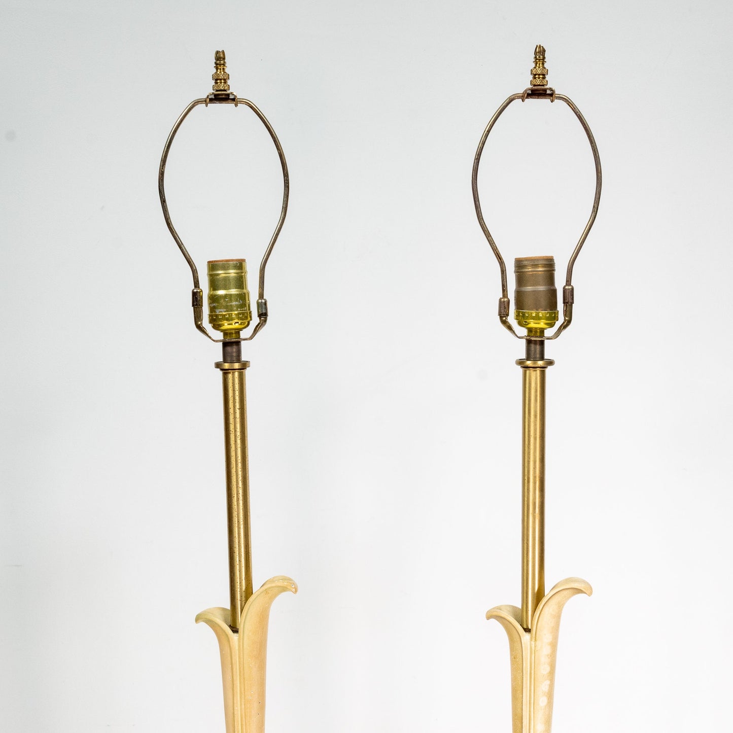 1960s Hollywood Regency Gold & Painted Brass Upside Down Tulip Lamps - A Pair , Mid Century Free Fast Shipping!