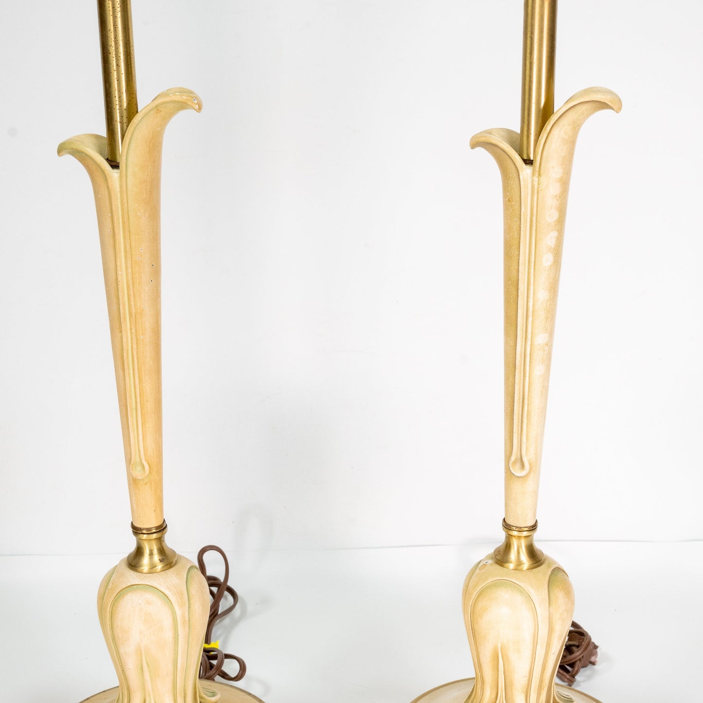 1960s Hollywood Regency Gold & Painted Brass Upside Down Tulip Lamps - A Pair , Mid Century Free Fast Shipping!