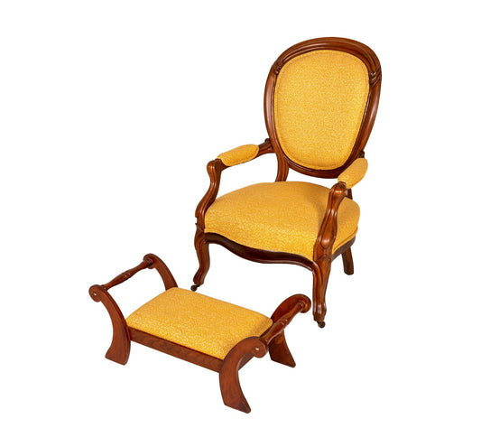 Late 19th Century Antique Mahogany Balloon Back Parlor Chair With Footrest | Indoor Deck Chair for Living Room | Luxurious Rest Chair