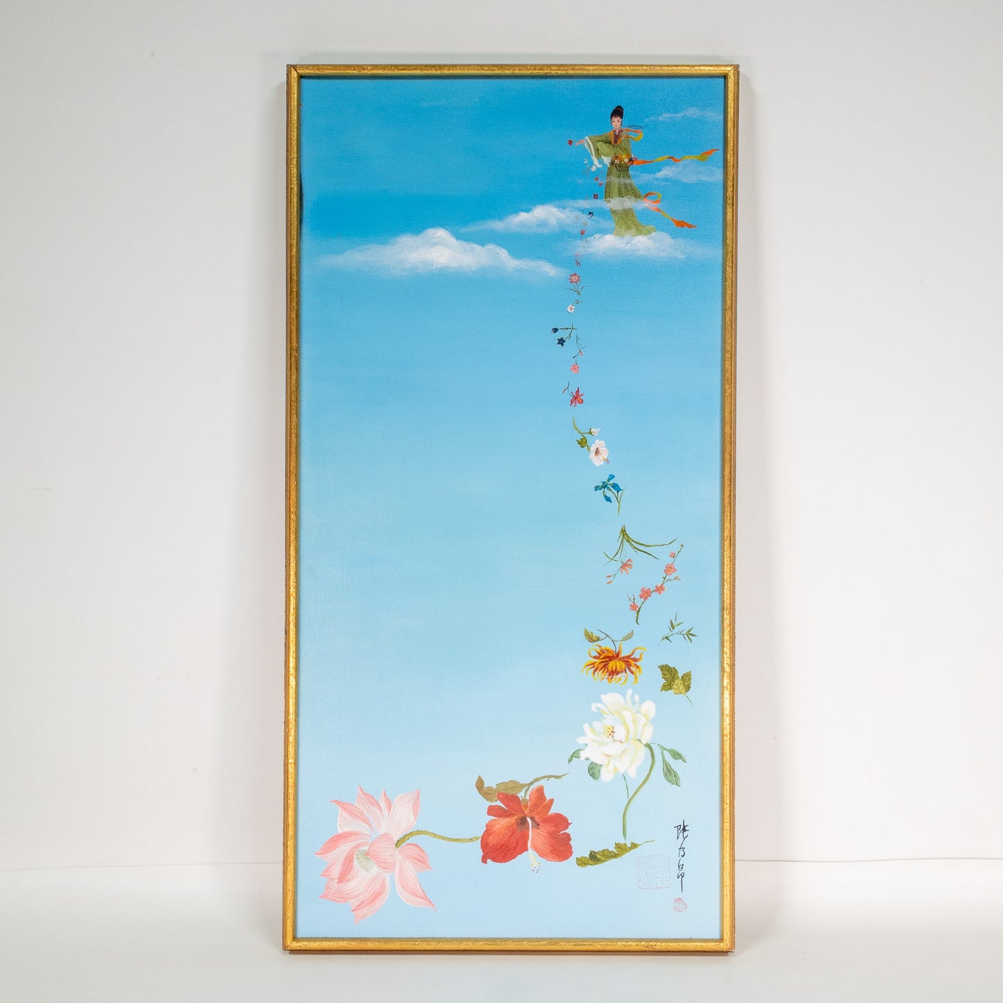 Vintage Japanese Asian Flower Goddess Original Oil Painting 15.75x30.75" Floral - Flower Child Peace