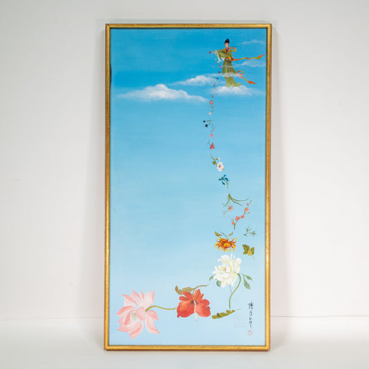 Vintage Japanese Asian Flower Goddess Original Oil Painting 15.75x30.75" Floral - Flower Child Peace