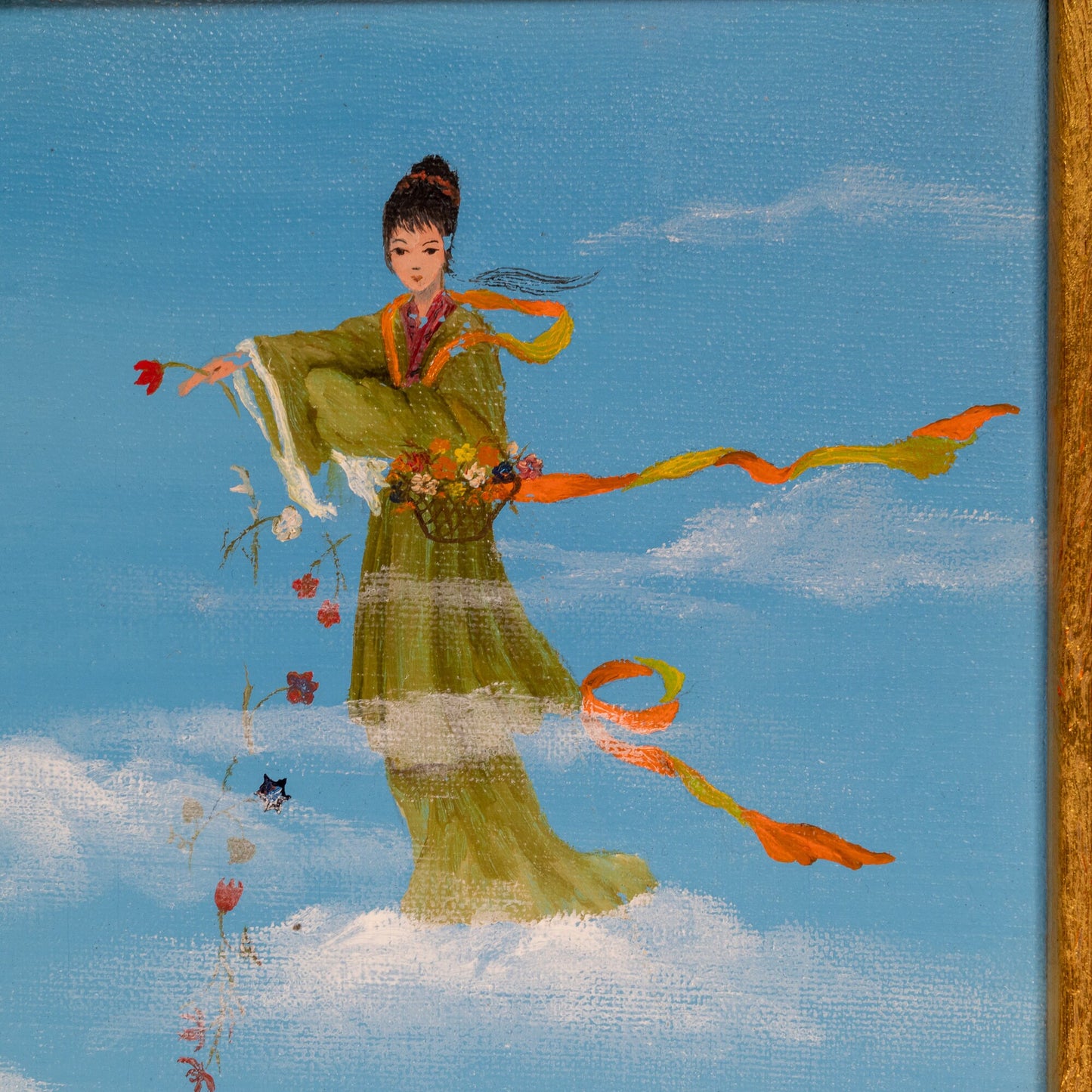 Vintage Japanese Asian Flower Goddess Original Oil Painting 15.75x30.75" Floral - Flower Child Peace