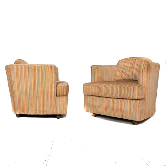 1970s Mid Century Velvet Drexel Wheeled Barrel Lounge Chairs - 70s Swag Chairs - MCM Retro Vintage Statement Piece!