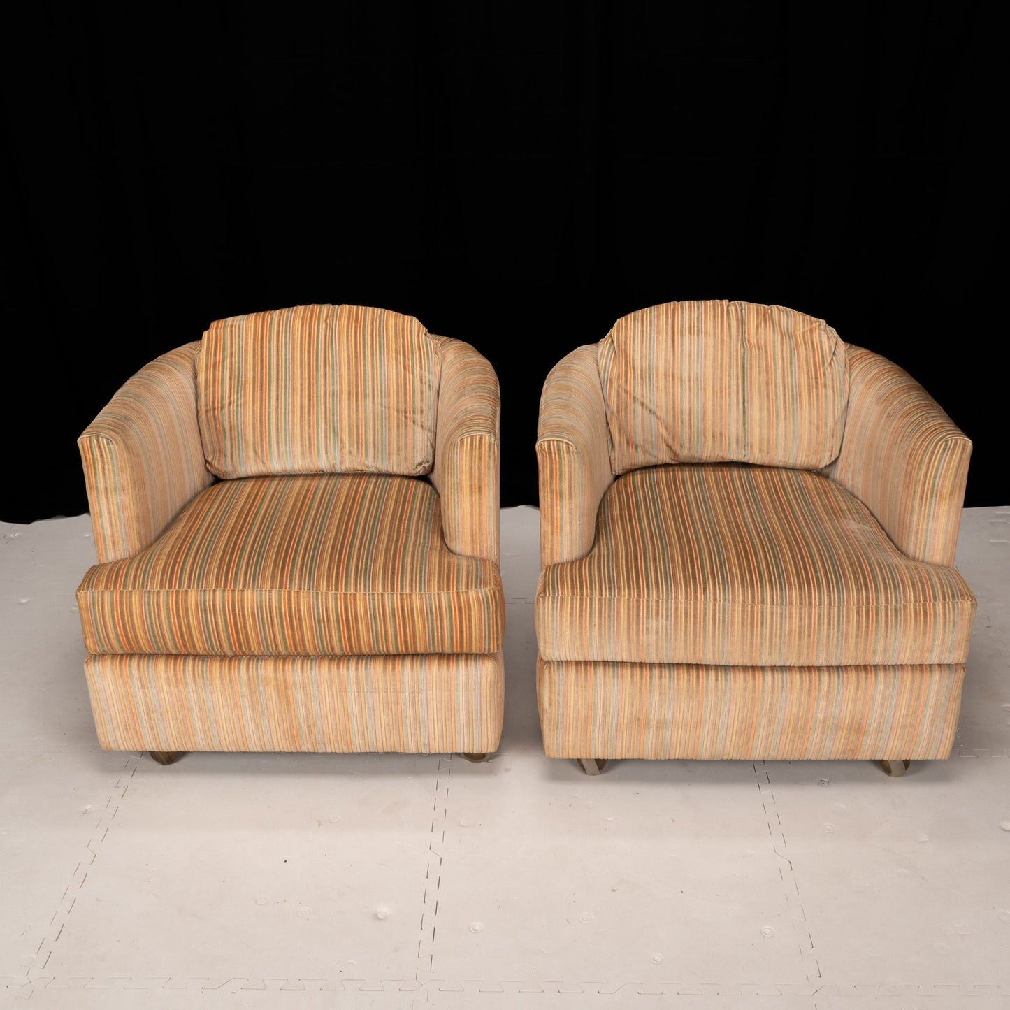 1970s Mid Century Velvet Drexel Wheeled Barrel Lounge Chairs - 70s Swag Chairs - MCM Retro Vintage Statement Piece!
