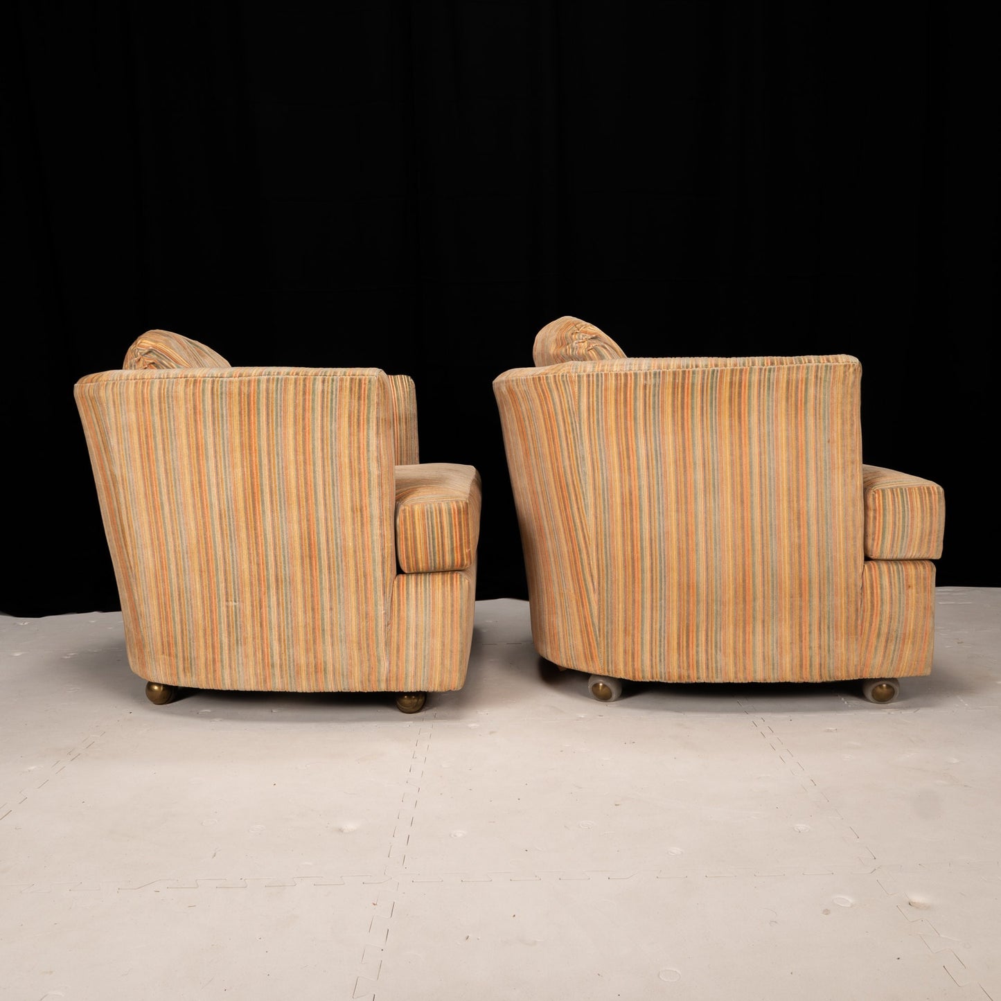 1970s Mid Century Velvet Drexel Wheeled Barrel Lounge Chairs - 70s Swag Chairs - MCM Retro Vintage Statement Piece!