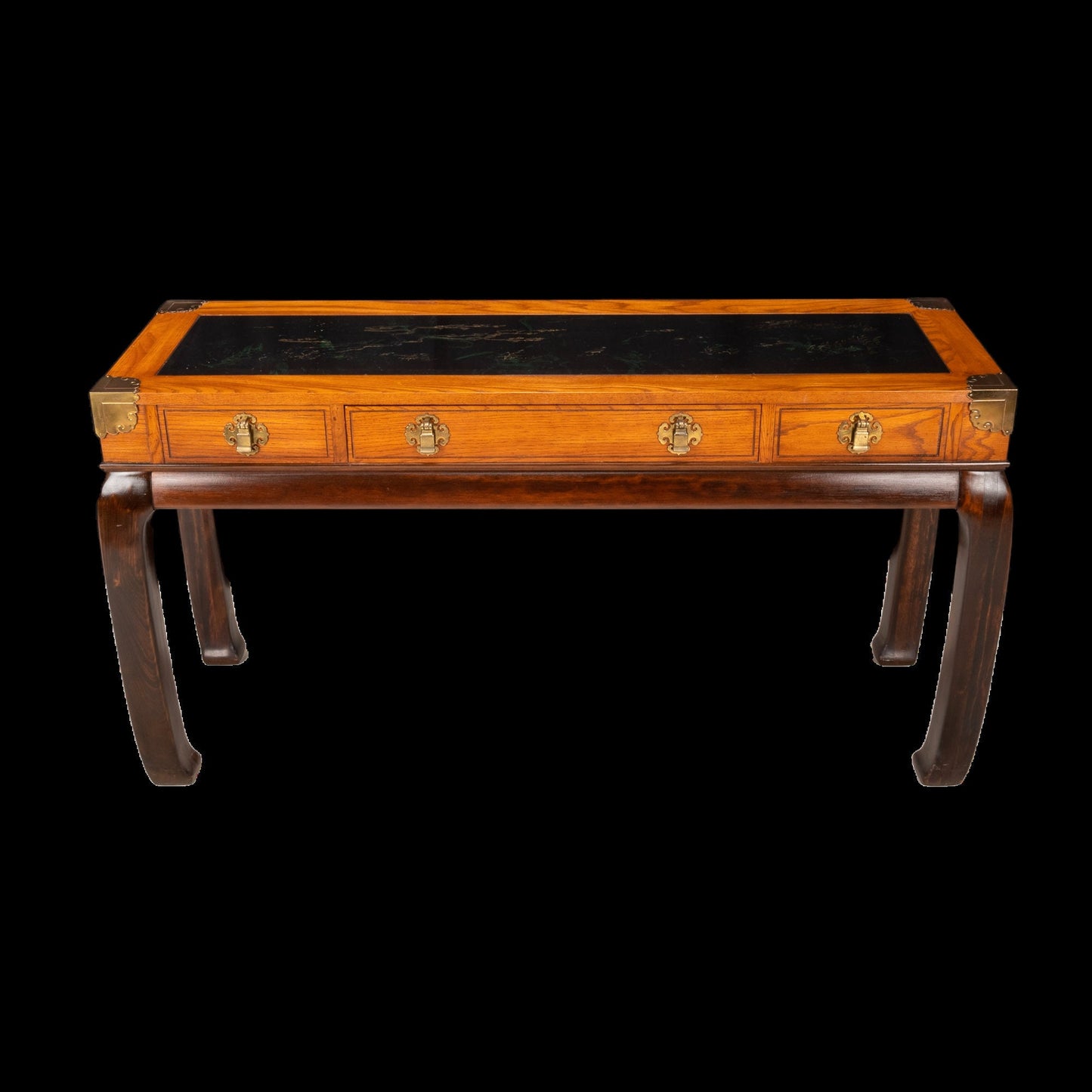 Vintage 1970s Bassett Ming Style Asian Sofa Console Table W/ Black Carved Insert , Hollywood Regency Boho