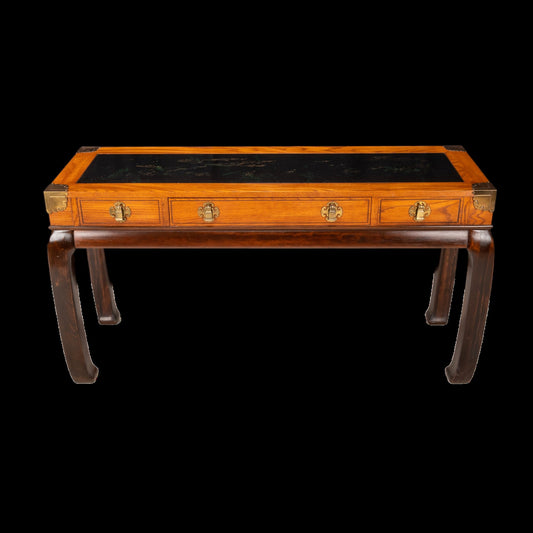 Vintage 1970s Bassett Ming Style Asian Sofa Console Table W/ Black Carved Insert , Hollywood Regency Boho