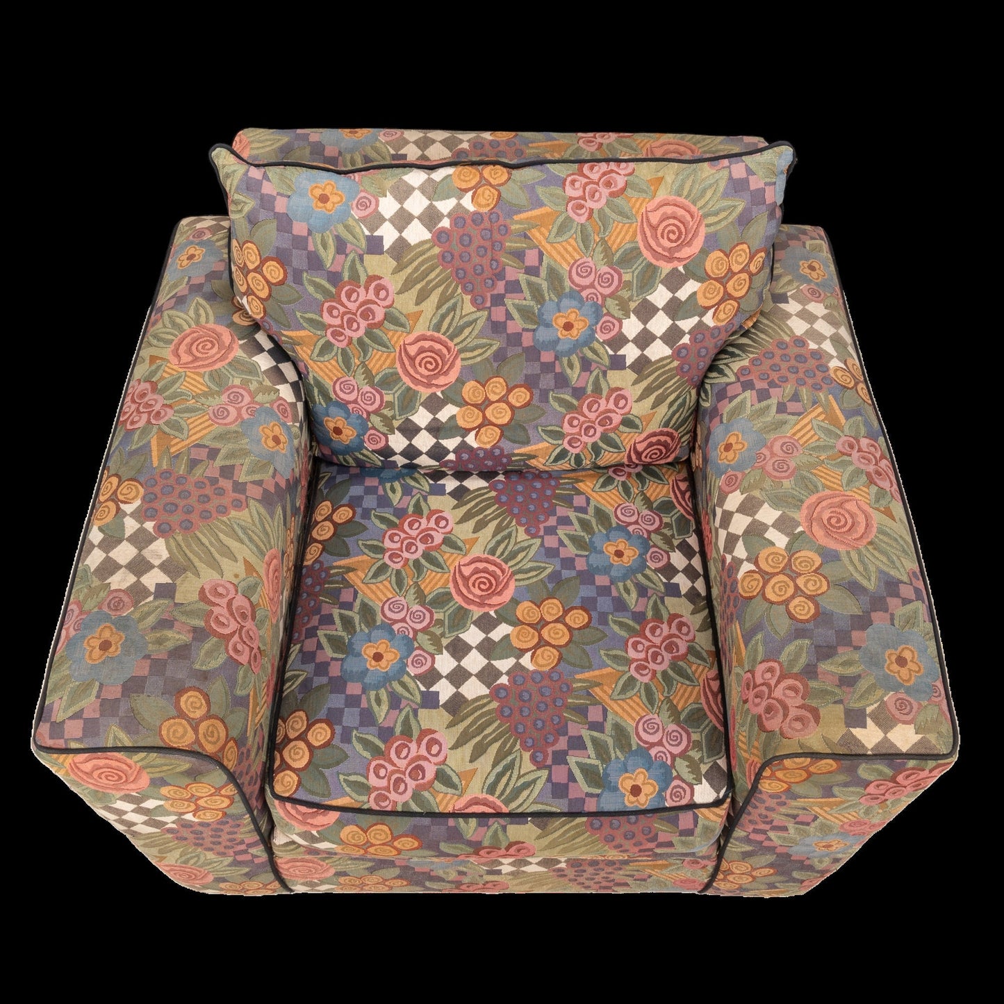 1980s Bauhaus Oversized Postmodern Whimsical Checkered Floral Print Lounge Chair - Funky Statement Piece, Pop Pattern
