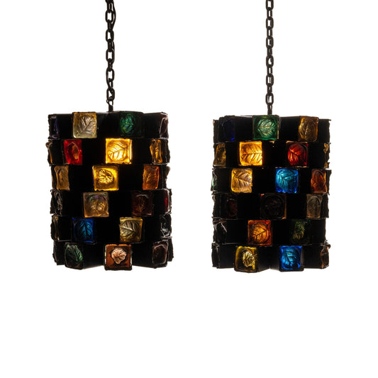 1970s Felipe Delfinger for Feders Modernist Brutalist Hanging Large Pendant Light Lamp - a Pair- Cast Iron and Blown Glass- Stunning!
