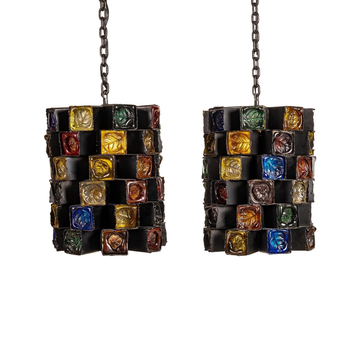 1970s Felipe Delfinger for Feders Modernist Brutalist Hanging Large Pendant Light Lamp - a Pair- Cast Iron and Blown Glass- Stunning!