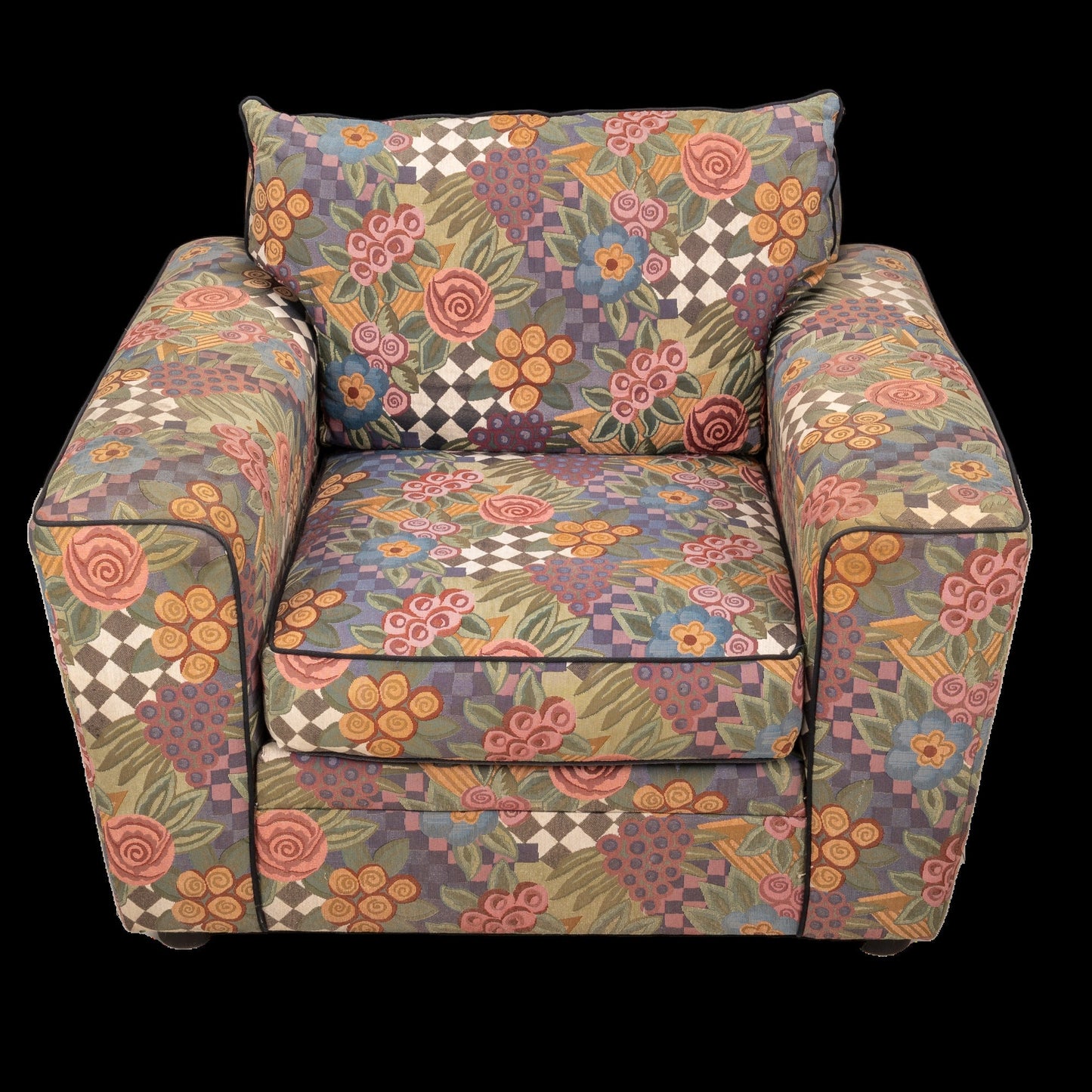 1980s Bauhaus Oversized Postmodern Whimsical Checkered Floral Print Lounge Chair - Funky Statement Piece, Pop Pattern