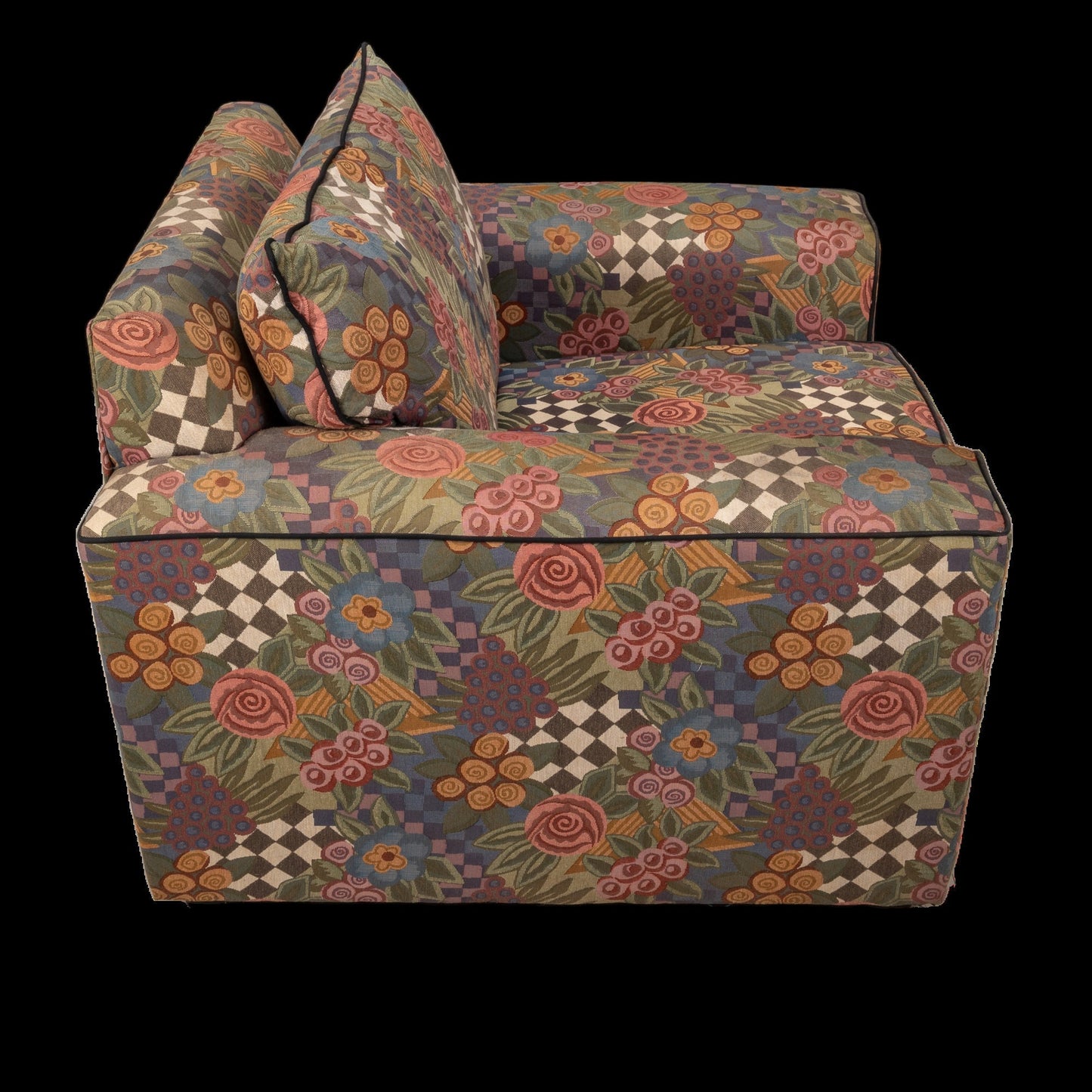 1980s Bauhaus Oversized Postmodern Whimsical Checkered Floral Print Lounge Chair - Funky Statement Piece, Pop Pattern