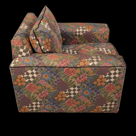 1980s Bauhaus Oversized Postmodern Whimsical Checkered Floral Print Lounge Chair - Funky Statement Piece, Pop Pattern
