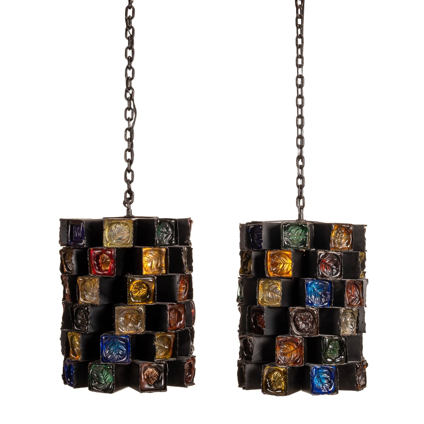 1970s Felipe Delfinger for Feders Modernist Brutalist Hanging Large Pendant Light Lamp - a Pair- Cast Iron and Blown Glass- Stunning!