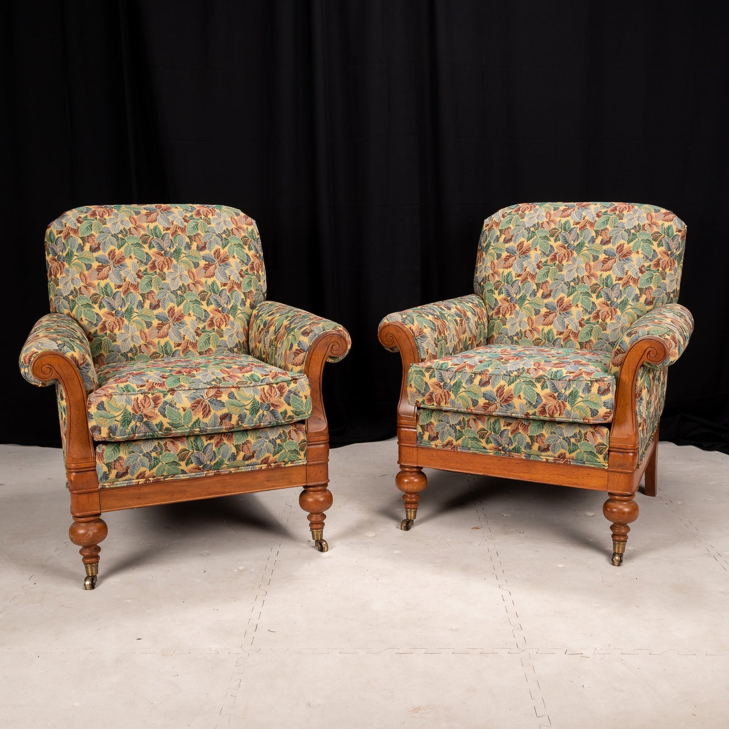Statesville Chair Co Floral Leaf Upholstered Library Chairs -William IV Style- A Pair