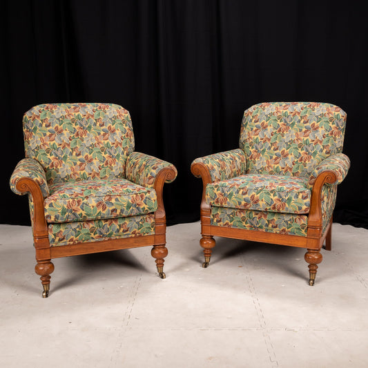 Statesville Chair Co Floral Leaf Upholstered Library Chairs -William IV Style- A Pair