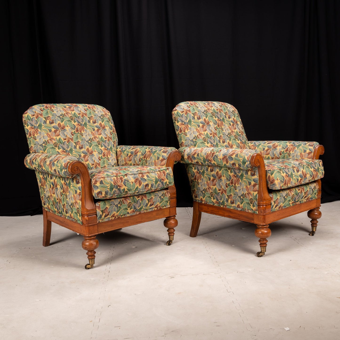Statesville Chair Co Floral Leaf Upholstered Library Chairs -William IV Style- A Pair