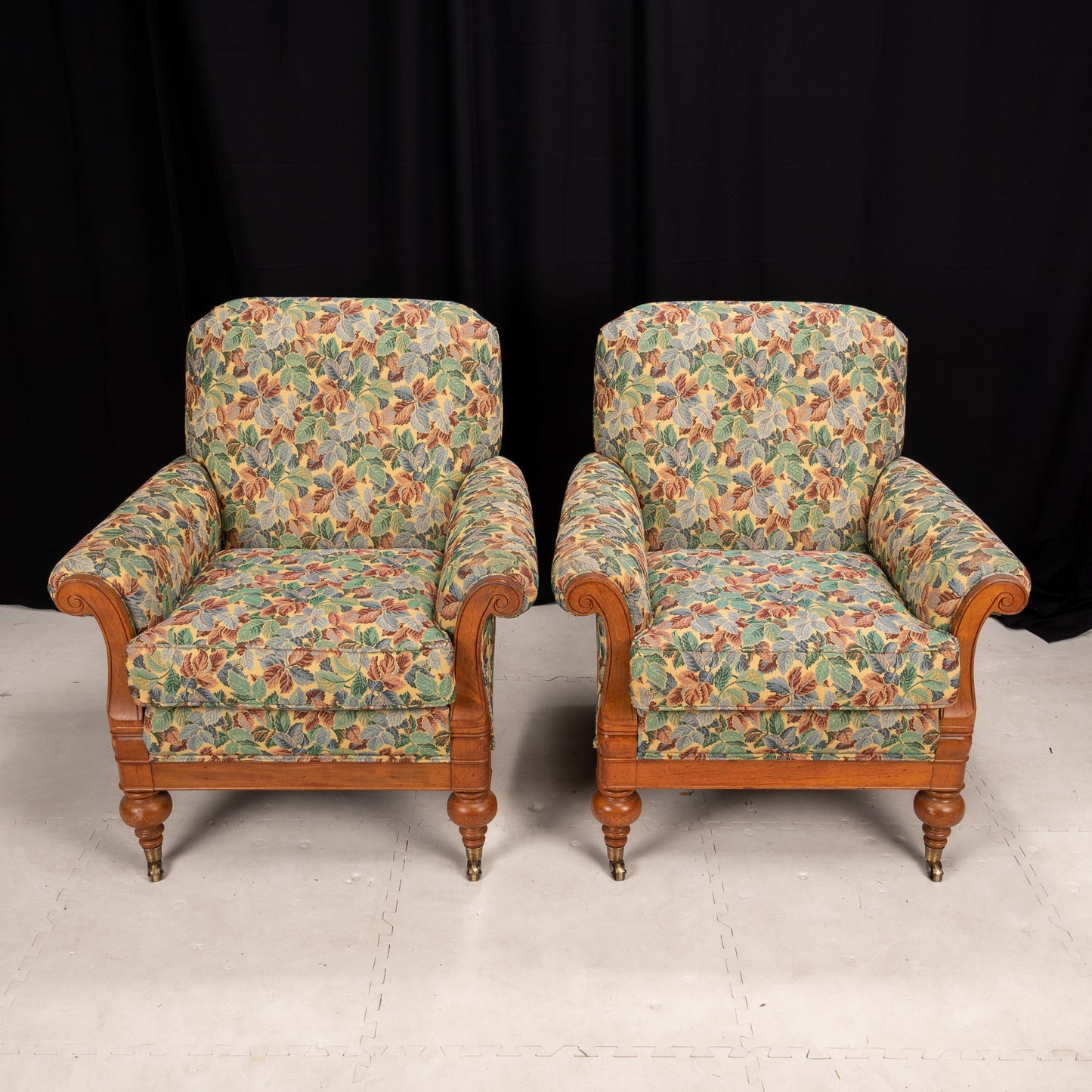 Statesville Chair Co Floral Leaf Upholstered Library Chairs -William IV Style- A Pair
