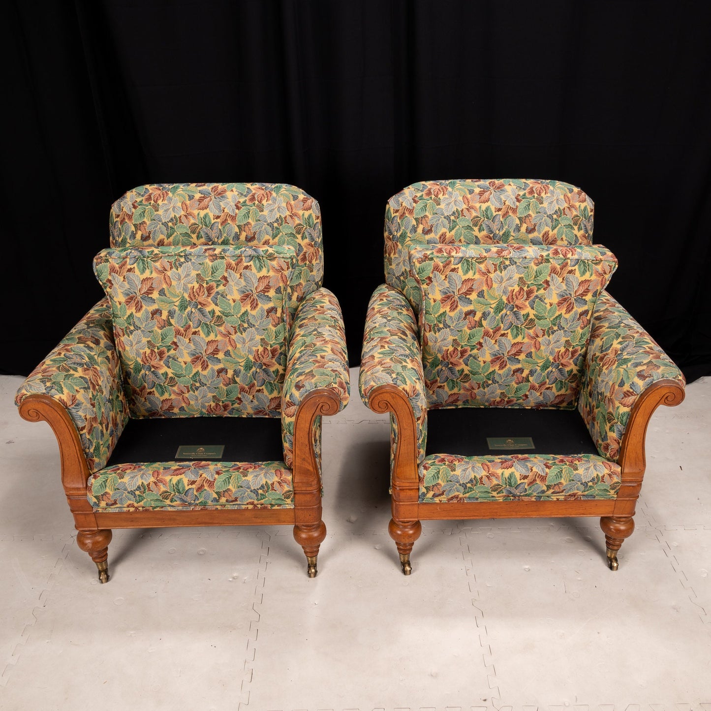 Statesville Chair Co Floral Leaf Upholstered Library Chairs -William IV Style- A Pair