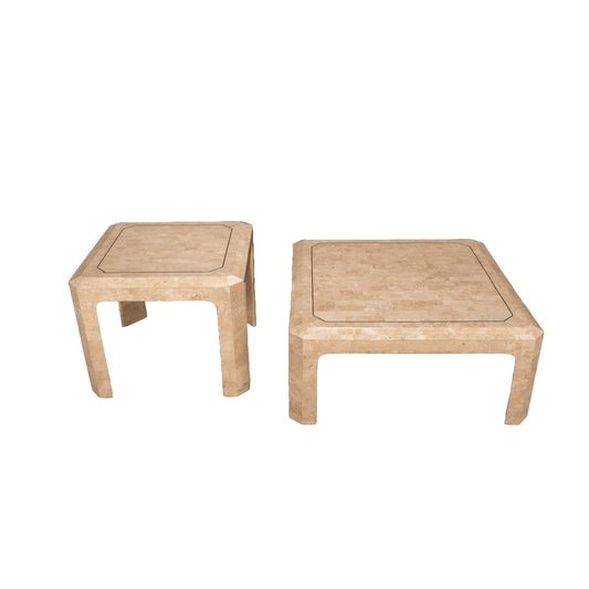 1970s Maitland Smith Tessellated Travertine Stone Coffee & Side Tables W/ Brass Inlay - Set of 2