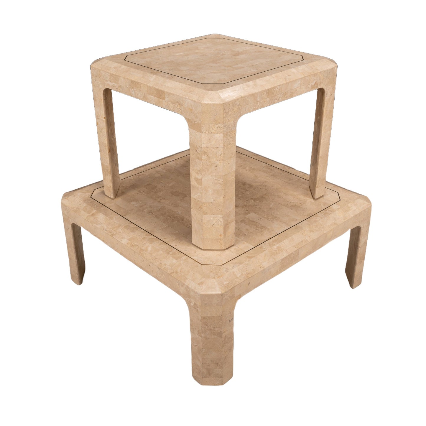 1970s Maitland Smith Tessellated Travertine Stone Coffee & Side Tables W/ Brass Inlay - Set of 2