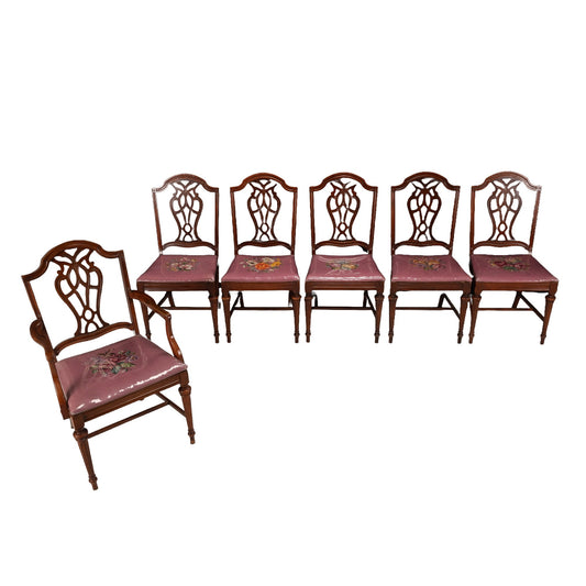 1920s Bernhardt Antique American Mahogany Chippendale Dining Chairs W/ Needlepoint Covers