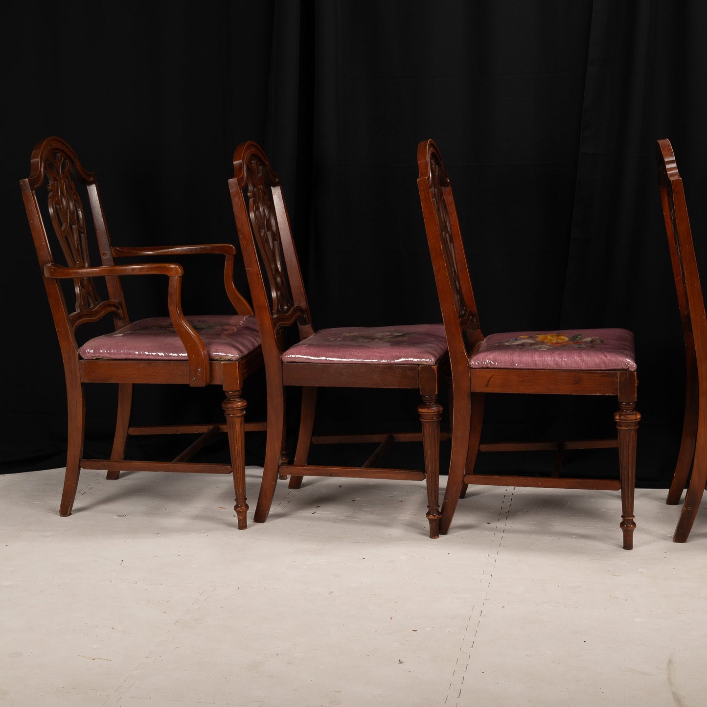 1920s Bernhardt Antique American Mahogany Chippendale Dining Chairs W/ Needlepoint Covers
