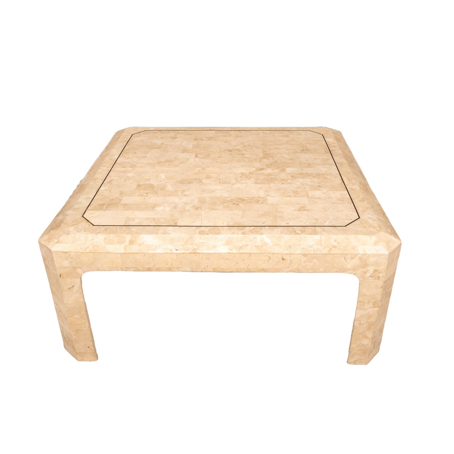 1970s Maitland Smith Tessellated Travertine Stone Coffee & Side Tables W/ Brass Inlay - Set of 2