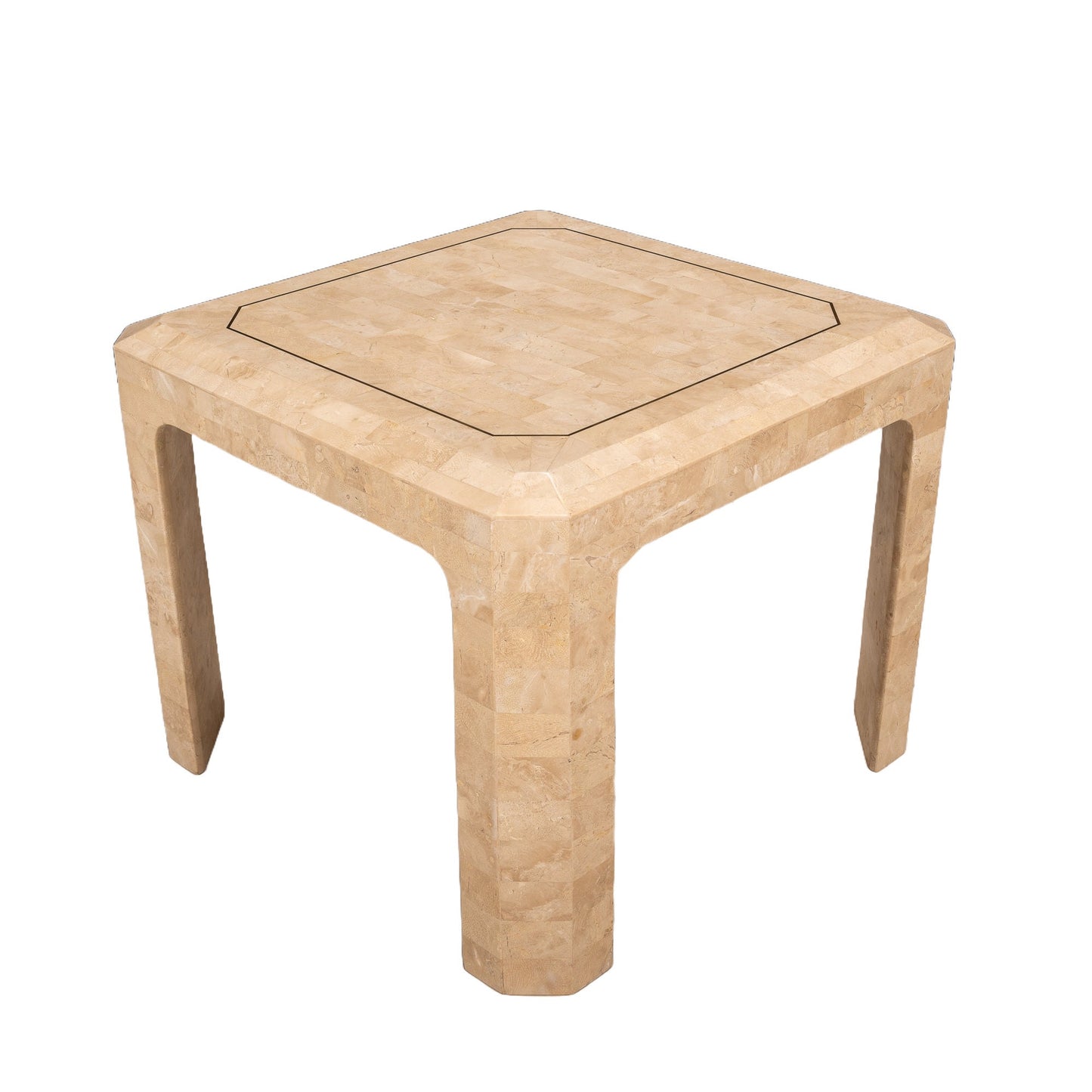 1970s Maitland Smith Tessellated Travertine Stone Coffee & Side Tables W/ Brass Inlay - Set of 2