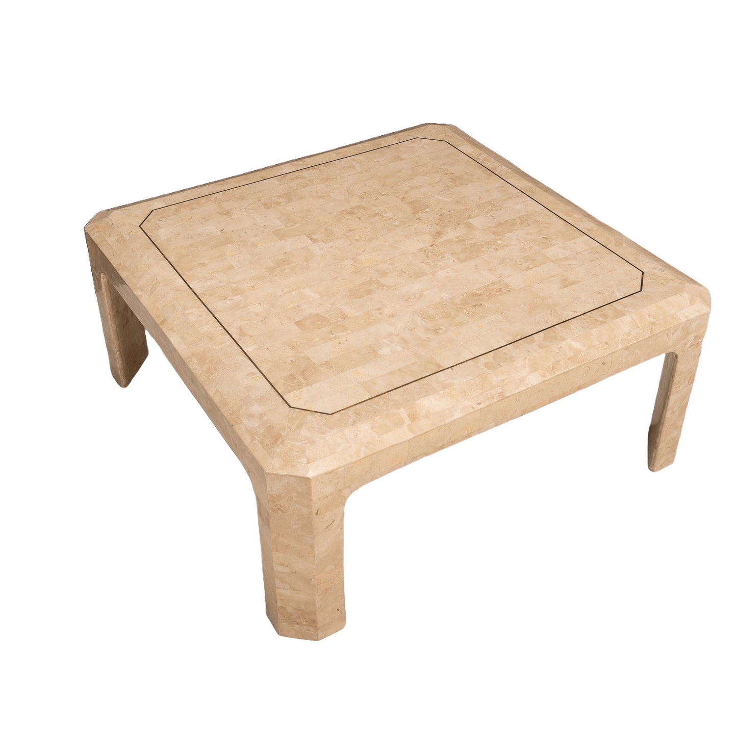 1970s Maitland Smith Tessellated Travertine Stone Coffee & Side Tables W/ Brass Inlay - Set of 2