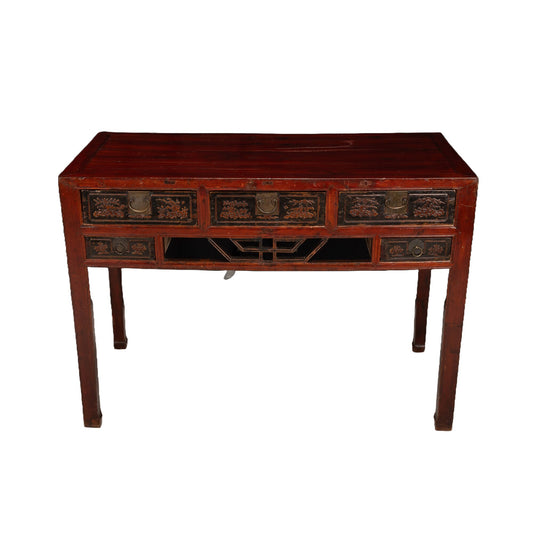 19th Century Chinese Antique Carved Red Lacquered Zhejiang Writing Desk - 150+ years old , Survivor!