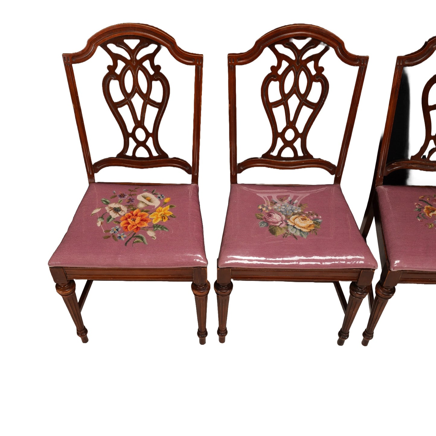 1920s Bernhardt Antique American Mahogany Chippendale Dining Chairs W/ Needlepoint Covers