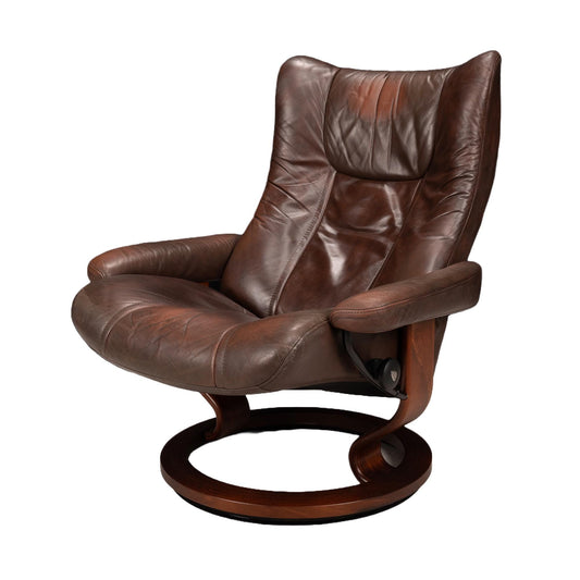 Ekornes Stressless Large Leather Swivel Recliner Chair Wing Model Brown - Made in Norway - Scandinavian Modern Design MCM
