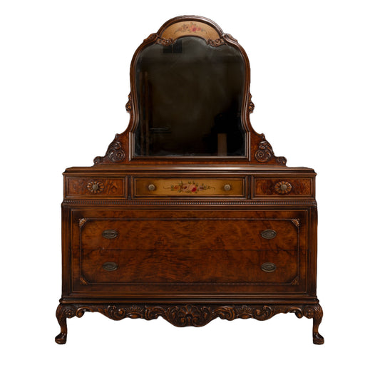 Mid 20th Century Berkey & Gay Louis XVI French Burled Walnut Dresser Chest and Mirror - Gorgeous Intricate Detail