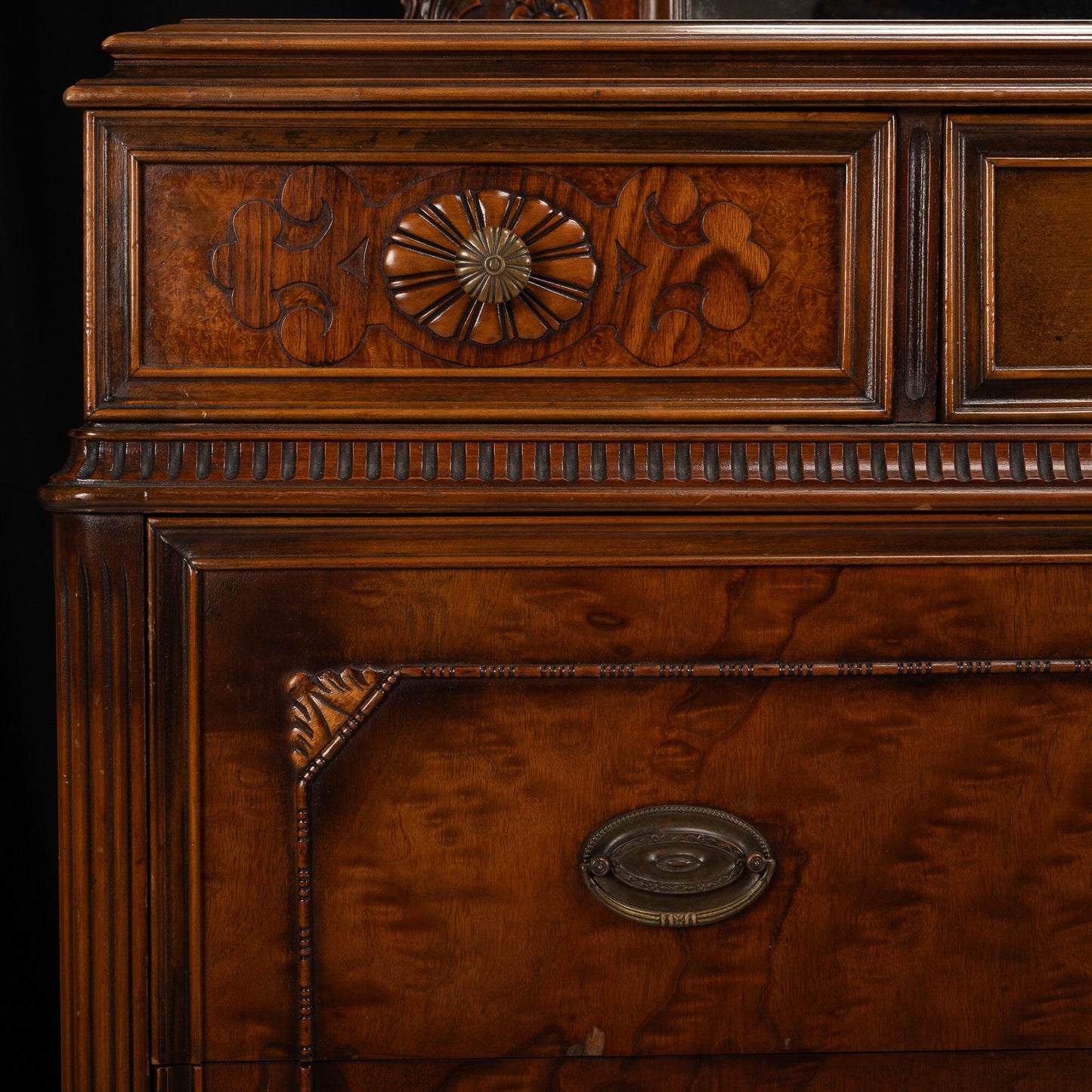 Mid 20th Century Berkey & Gay Louis XVI French Burled Walnut Dresser Chest and Mirror - Gorgeous Intricate Detail