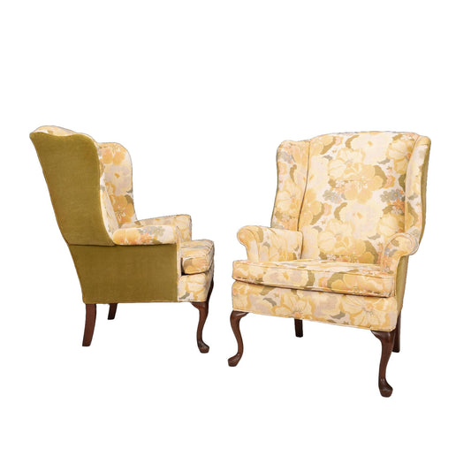 1970s Hickory Furniture Company Queen Anne Georgian Wingback Chairs W/ Floral Print & Green Velvet Upholstery - A Pair