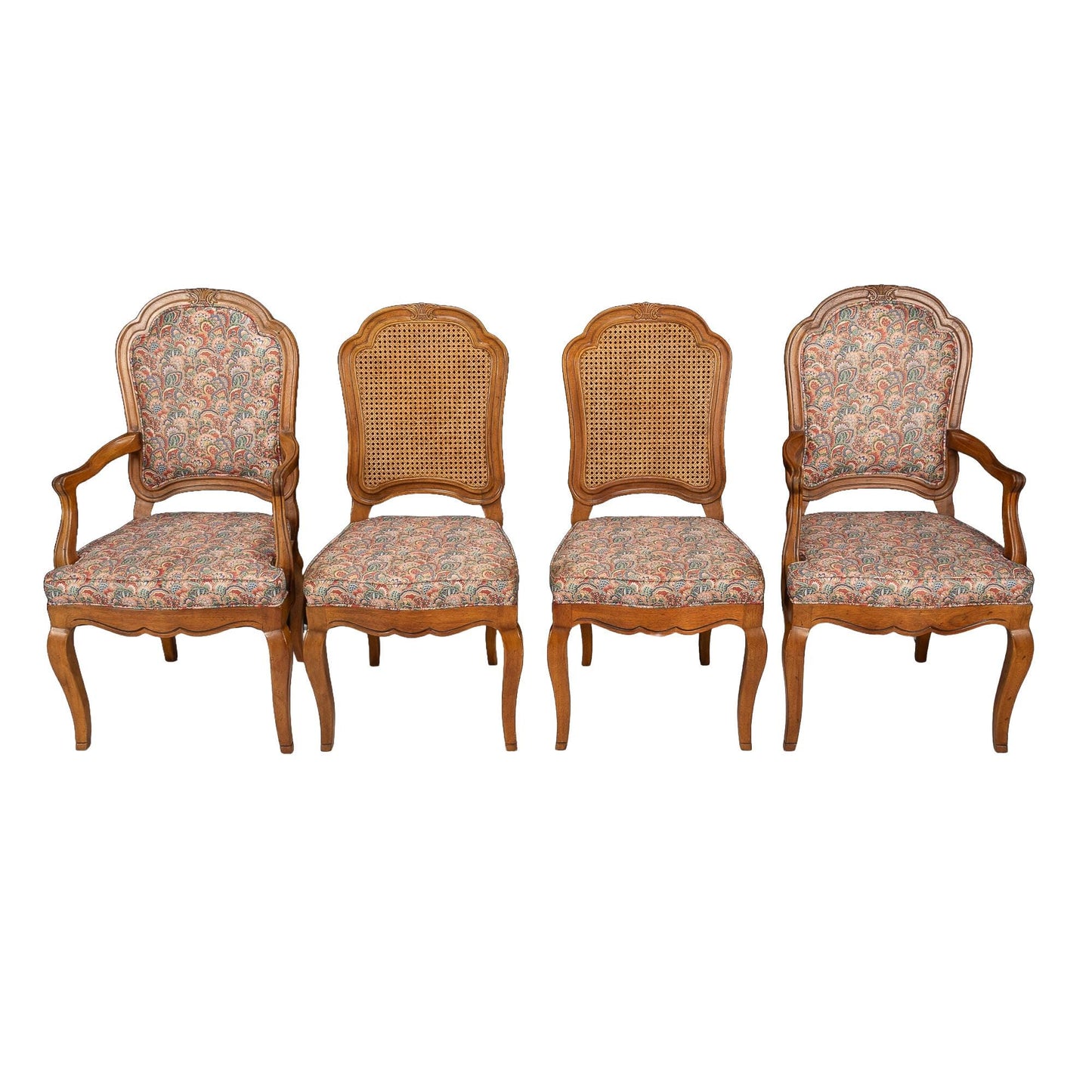 1970s Henredon Louis XV French Style Canned & Paisley Print Upholstered Dining Chairs - Set of 4 Nationwide Shipping Available