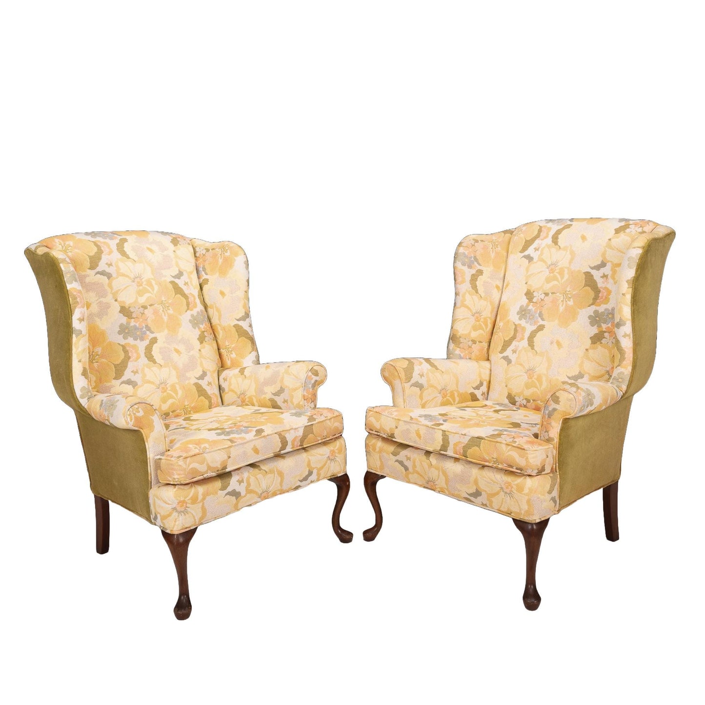 1970s Hickory Furniture Company Queen Anne Georgian Wingback Chairs W/ Floral Print & Green Velvet Upholstery - A Pair