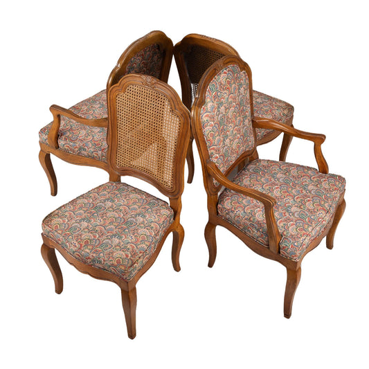 1970s Henredon Louis XV French Style Canned & Paisley Print Upholstered Dining Chairs - Set of 4 Nationwide Shipping Available