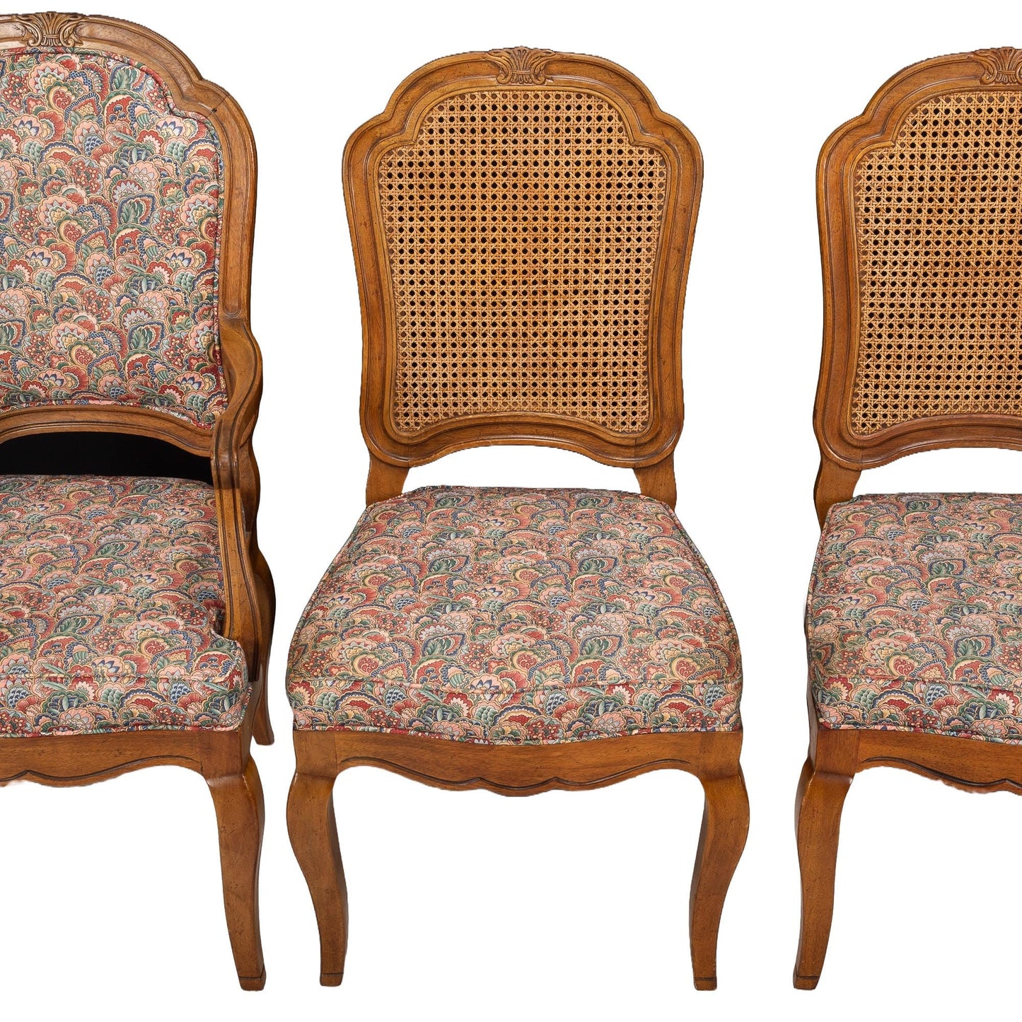 1970s Henredon Louis XV French Style Canned & Paisley Print Upholstered Dining Chairs - Set of 4 Nationwide Shipping Available