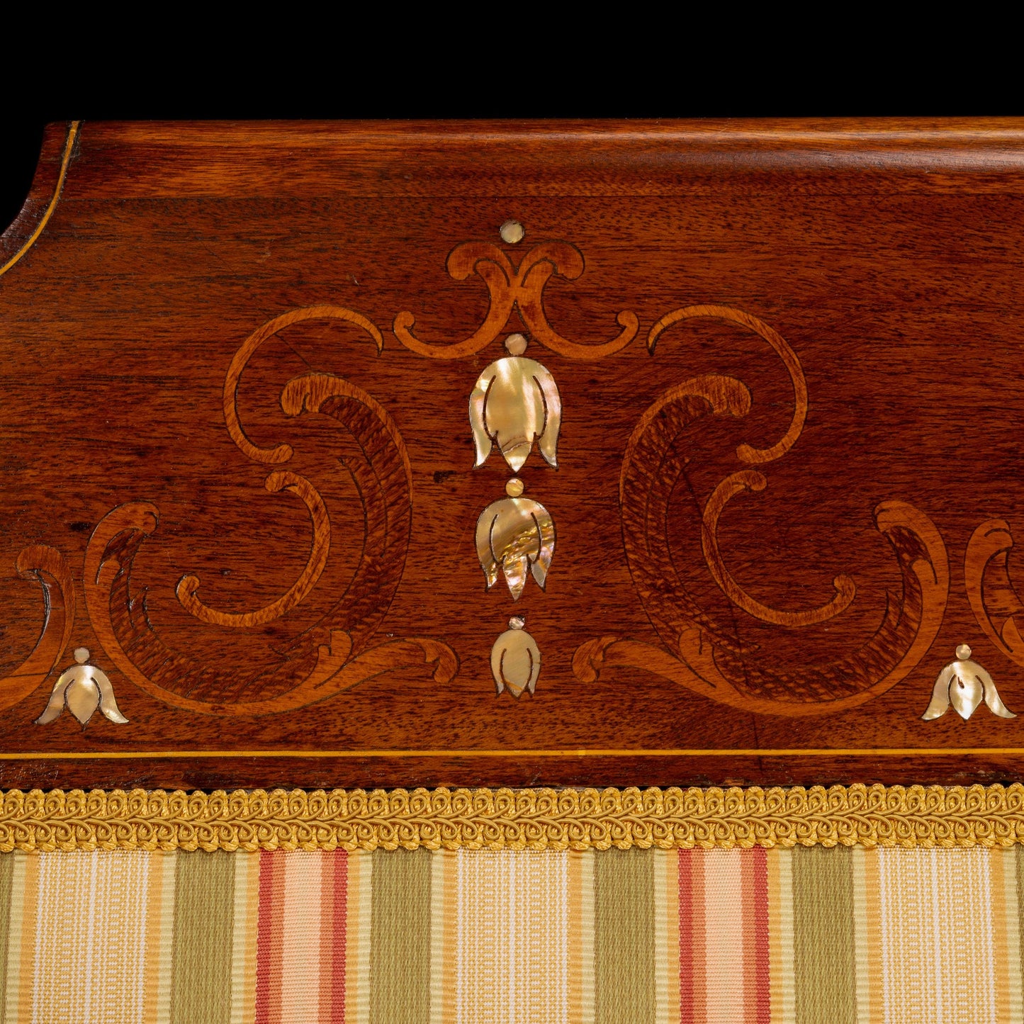 Late 19th Century English Edwardian Inlaid Bench Settee Bench - Fantastic Woodwork and Detail, Recently Reupholstered, A+ Condition