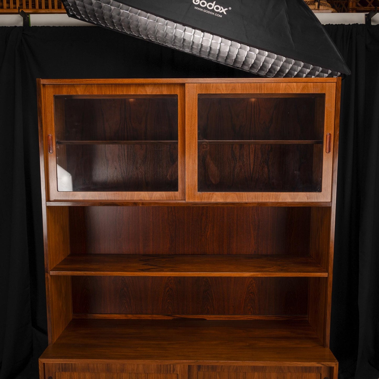 1980s Mid-Century Danish Modern Poul Hundevad Rosewood Veneer Buffet Hutch Bookcase Storage Unit Made in Denmark, USA Shipping Available