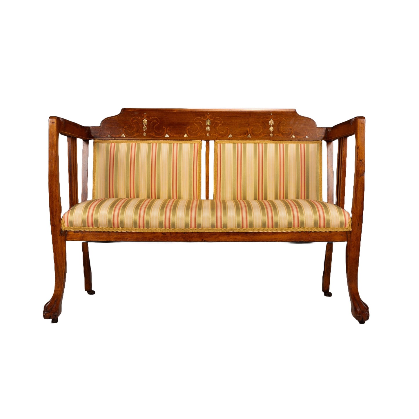 Late 19th Century English Edwardian Inlaid Bench Settee Bench - Fantastic Woodwork and Detail, Recently Reupholstered, A+ Condition