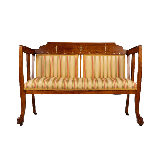 Late 19th Century English Edwardian Inlaid Bench Settee Bench - Fantastic Woodwork and Detail, Recently Reupholstered, A+ Condition